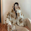 Women Sweet Cute Oversize Flannel Bear Pattern Sweater Korean Fashion Long Sleeve Zip Hoodie Y2k Autumn Tops Cardigan Sweaters