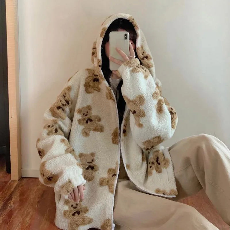 Women Sweet Cute Oversize Flannel Bear Pattern Sweater Korean Fashion Long Sleeve Zip Hoodie Y2k Autumn Tops Cardigan Sweaters