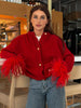 Red Fashion Spliced Feather Cuffs Knitted Cardigan Women's Casual O Neck Long Sleeve Buttons Sweater Chic 2024 Female Streetwear