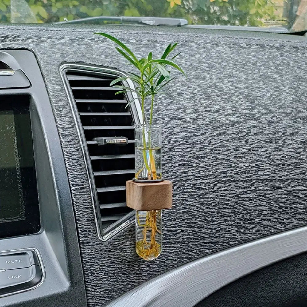 Stable Mini Car Flower Vase Clip Elegant Adjustable Car Vent Flower Vase Walnut and Glass Creative Car Vent Decor Dashboard