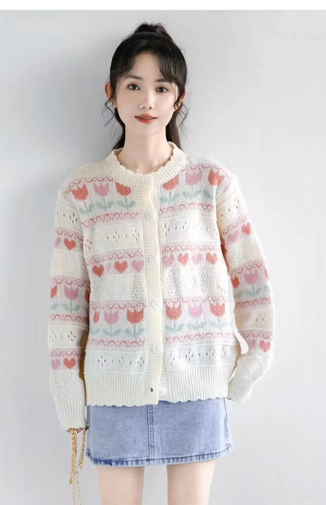 Women Autumn Sweet Kawaii Loose Hollow Out O-neck Long Sleeve Knitting Cardigan Coat Ladies Preppy Style All-match Knitwear