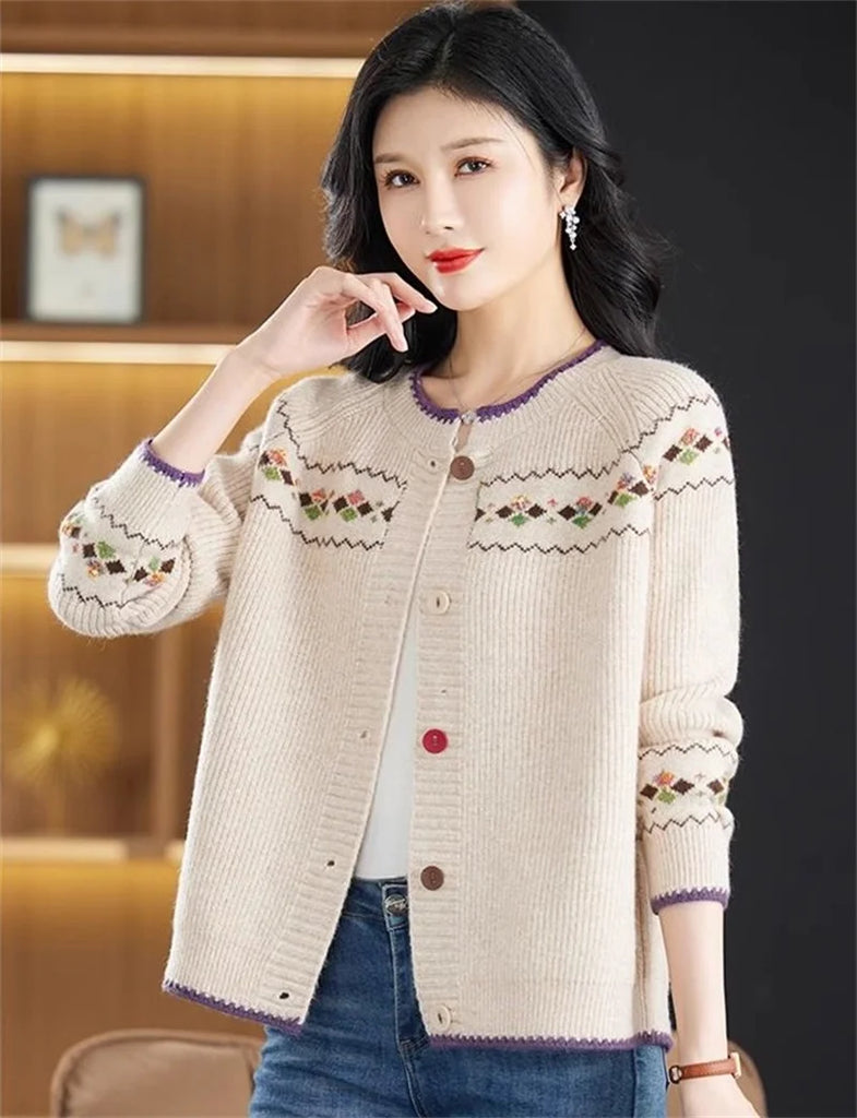 2024 New Sweater Coat Ladies Retro Jacquard Knitwear Cardigan Jacket Early Spring Autumn Western-Style Outerwear Loose Women Top