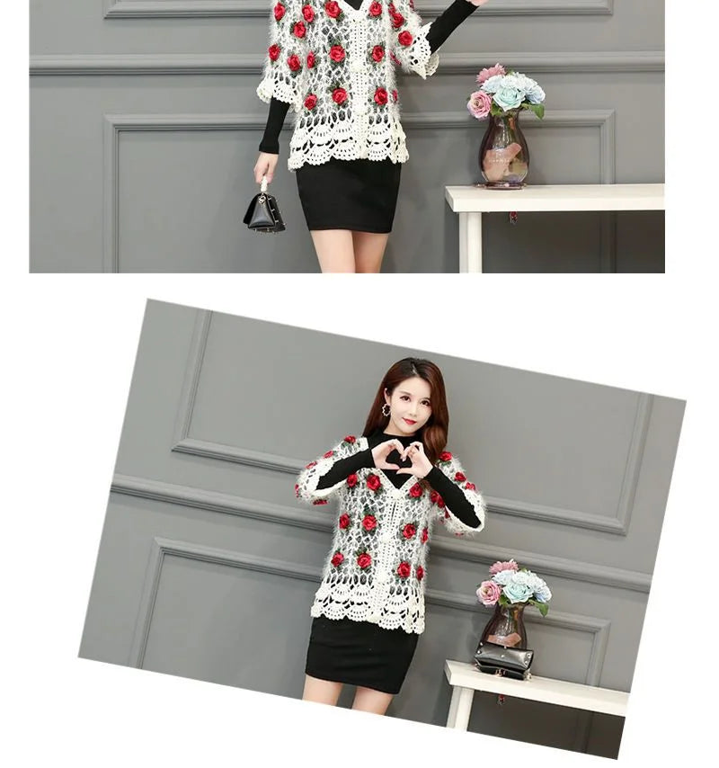 Three-Dimensional Flower Openwork Crocheted Sweater Cardigan Women's Spring And Autumn New Heavy Industry Joker Sweater 3XL Coat