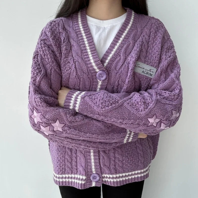 Purple Star Embroidered Sweater Women Winter Thick Warm Y2K Cardigan Autumn V-neck Single Breasted Soft Loose Knitwear Female