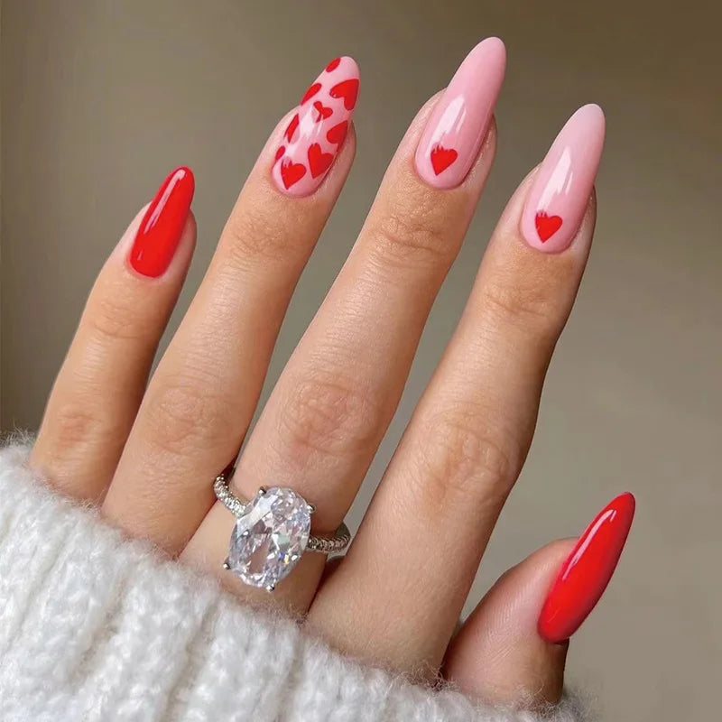 24Pcs Red Heart Nails Fake Wearable Long Almond False Nails Art Acrylic Press on Nails Full Coverage Removable French Fake Nail