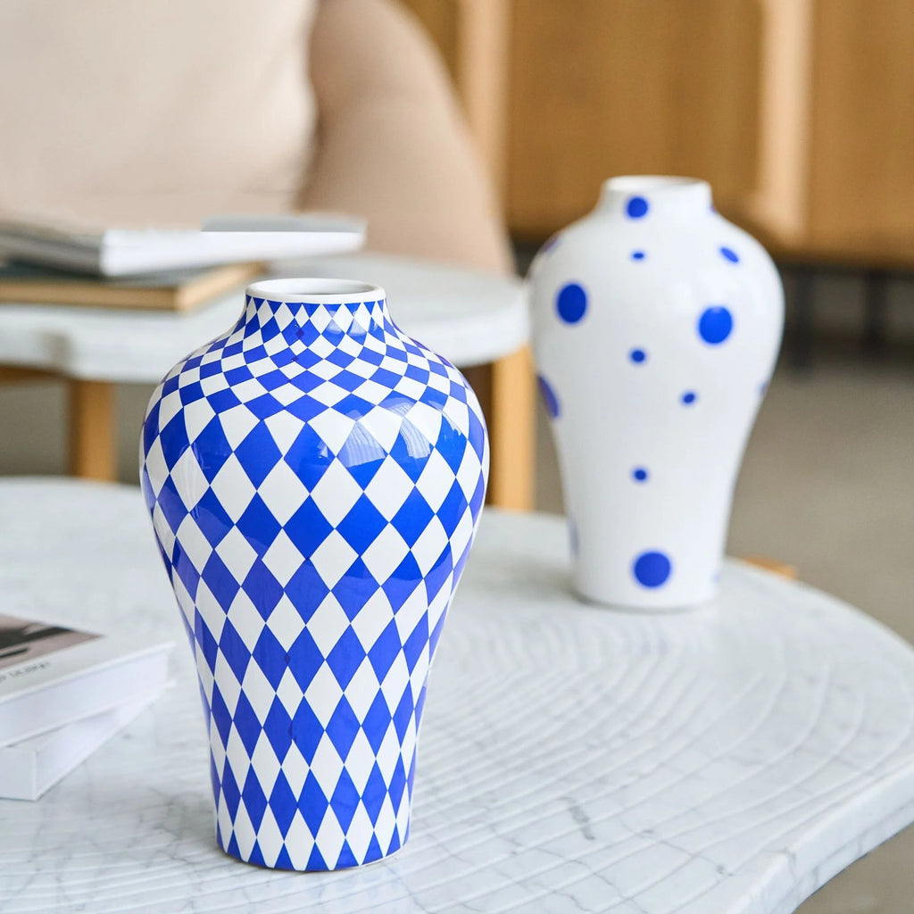 Ceramic Vase Blue Geometric Quilted Pattern Polka Dots Flower Arrangement Accessories Ceramic Crafts Home Decoration