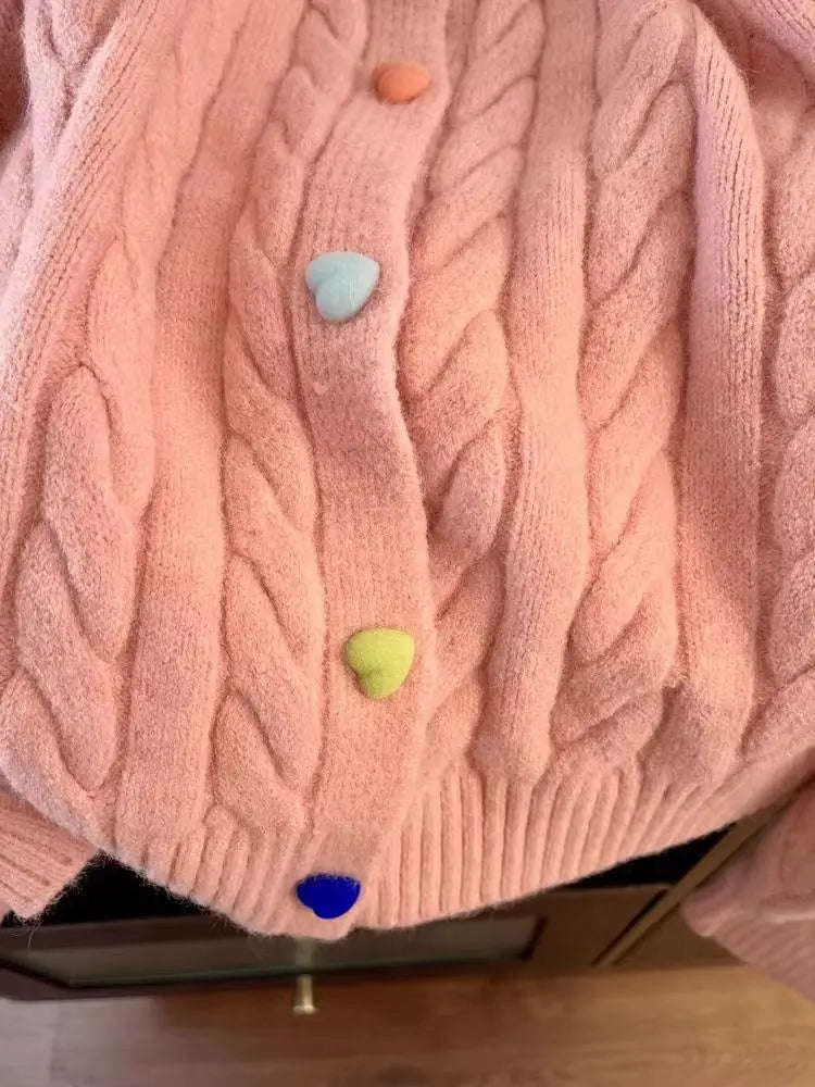 New Korean Style Western-style Sweet Color Love Button Versatile Soft Waxy Knitting Cardigan Fashion Fried Dough Twists Sweater