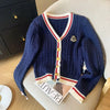 2024 Autumn Winter Preppy Style V-Neck Knitting Long Sleeve Cardigan Women Casual Appliques Single Breasted Female Loose Sweater