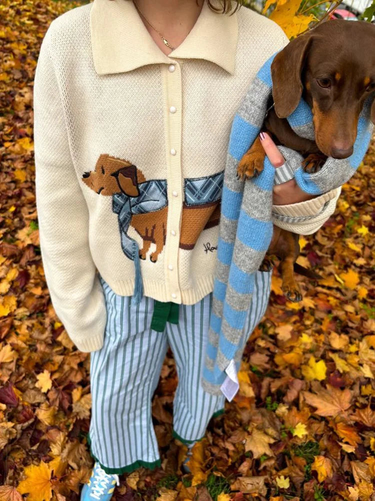 Chic Puppy Pattern Knit Cardigan Long Sleeve V Neck Print Sweater Coat Animal Pattern Female Coat 2024 Autumn Lady Outerwear