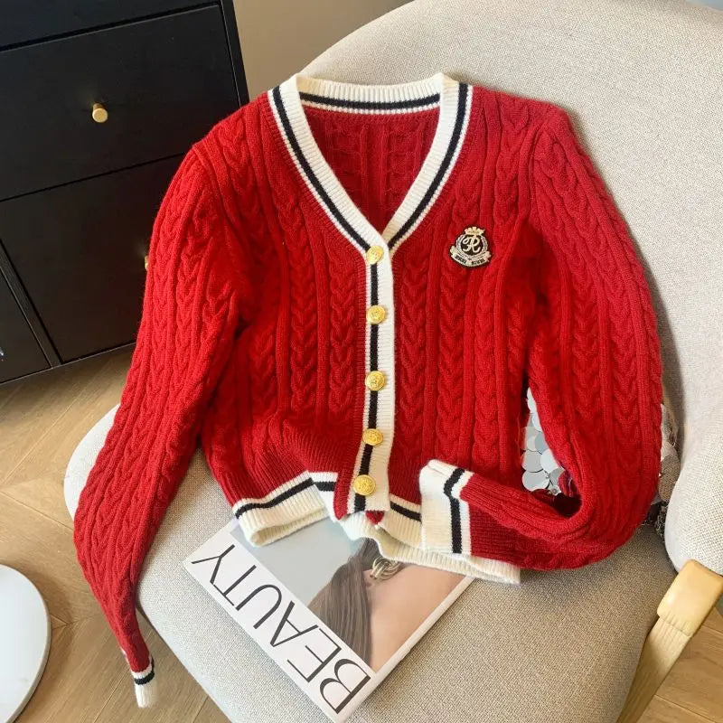 2024 Autumn Winter Preppy Style V-Neck Knitting Long Sleeve Cardigan Women Casual Appliques Single Breasted Female Loose Sweater