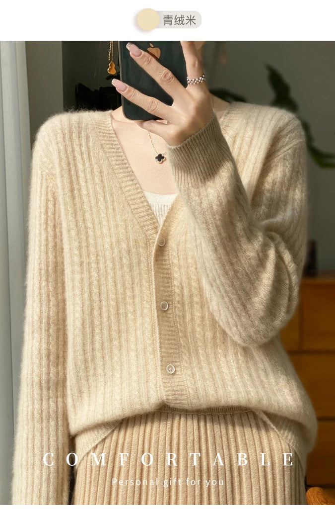 Women's V-Neck 100% Wool Cashmere Cardigan Women's Knit Sweater Spring and Autumn Super Soft Loose Large Size Long Sleeve Shirt