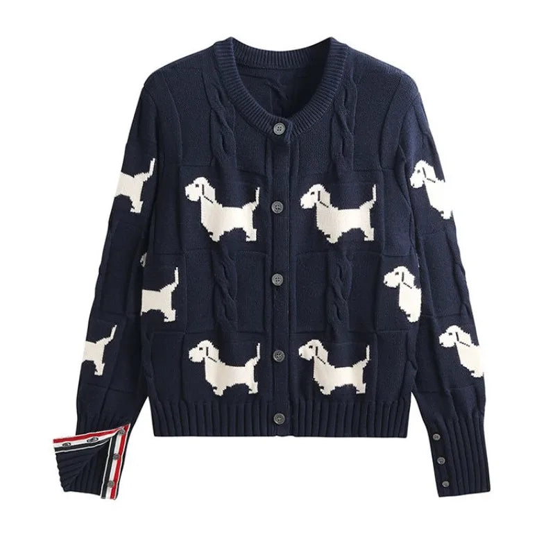 Women's New Dog Print Knitted Cardigan Oversized Loose Long-sleeved Crew Neck Knitted Jacket Simple Commuter Sweater