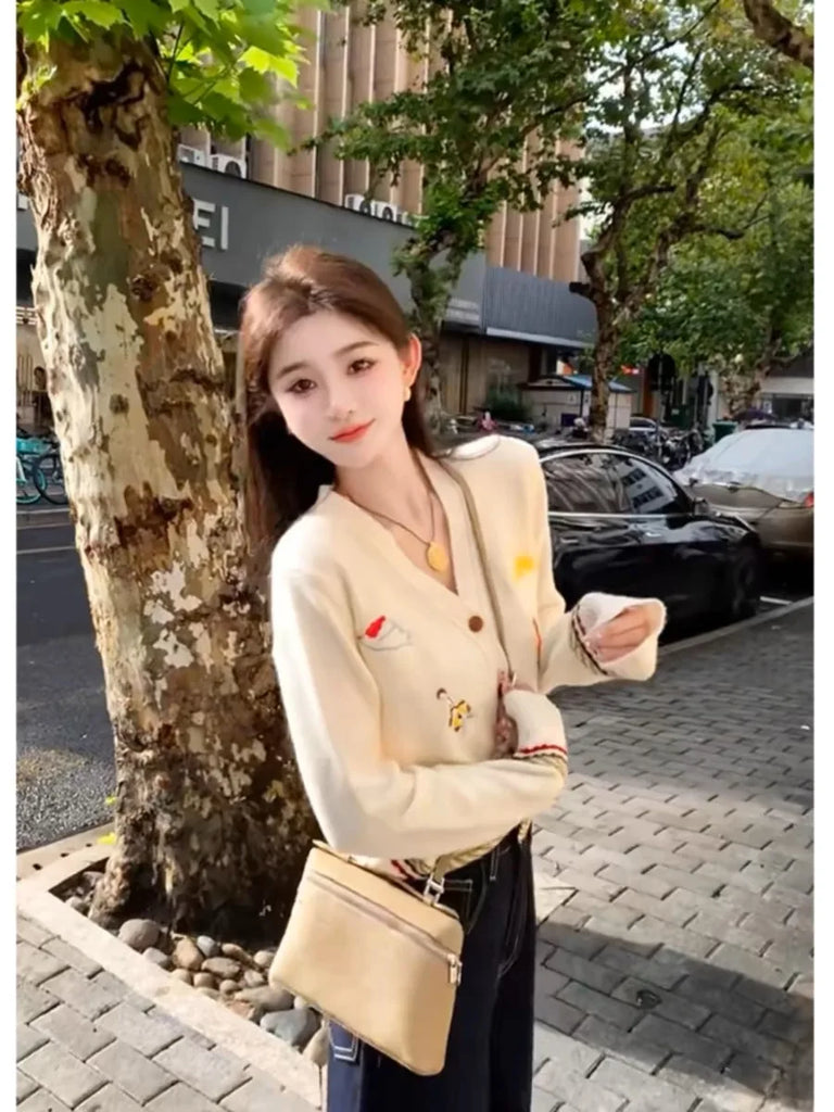 Autumn Winter Fashion Cartoon Embroidery Thick Wool Knitted Cardigan Women's Clothing Casual Loose V-neck Commute Lazy Sweaters