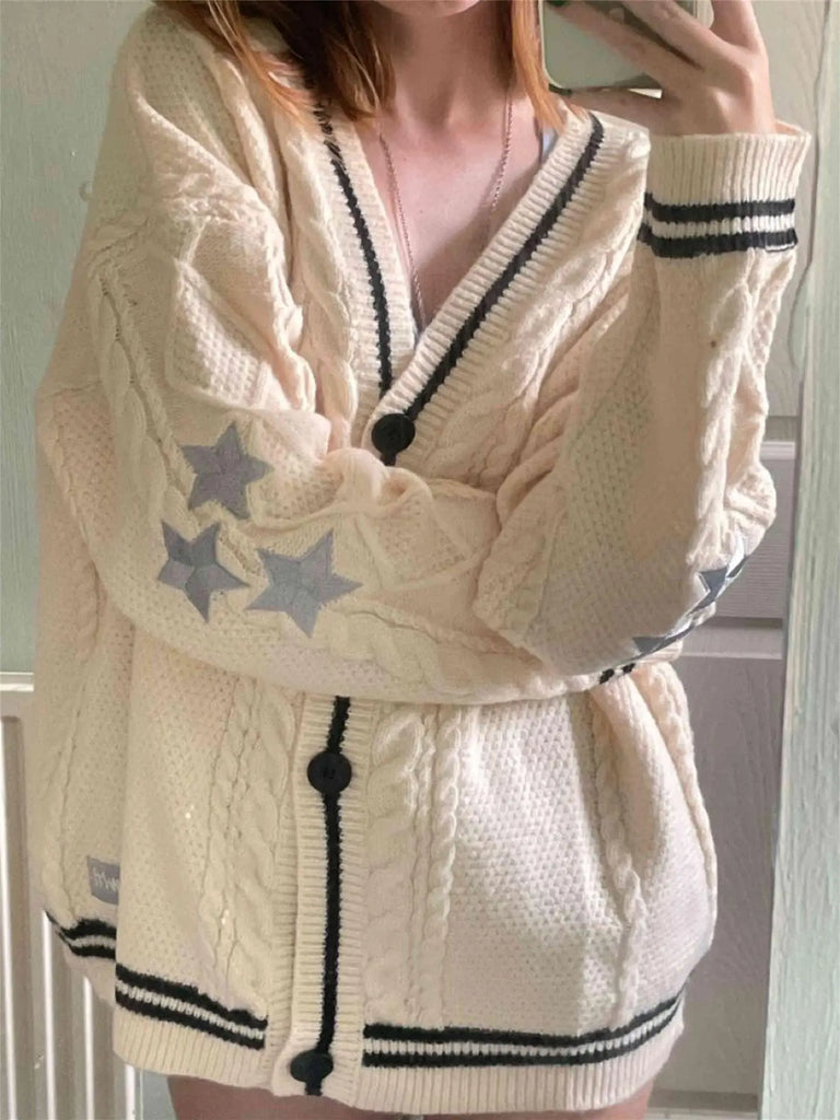 Deeptown Vintage Beige Swift Knit Cardigan Women Y2K College Oversize Star Embroidery Sweater Folklore Knitted Jumper Korean