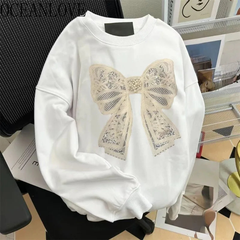 OCEANLOVE Bow Hoodies Women Tops Embroidered Autumn Winter Korean Fashion Sweatshirts Vintage Loose Casual Sudaderas Mujer