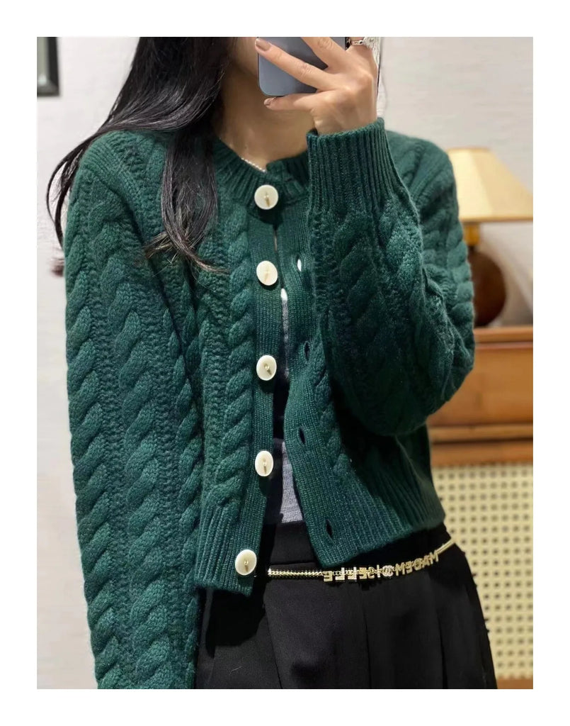 Women's Pure Cashmere Wool Sweater Round Neck Twists Short Cardigan Autumn Winter Casual Knit Top Female Thickened Warm Jacket