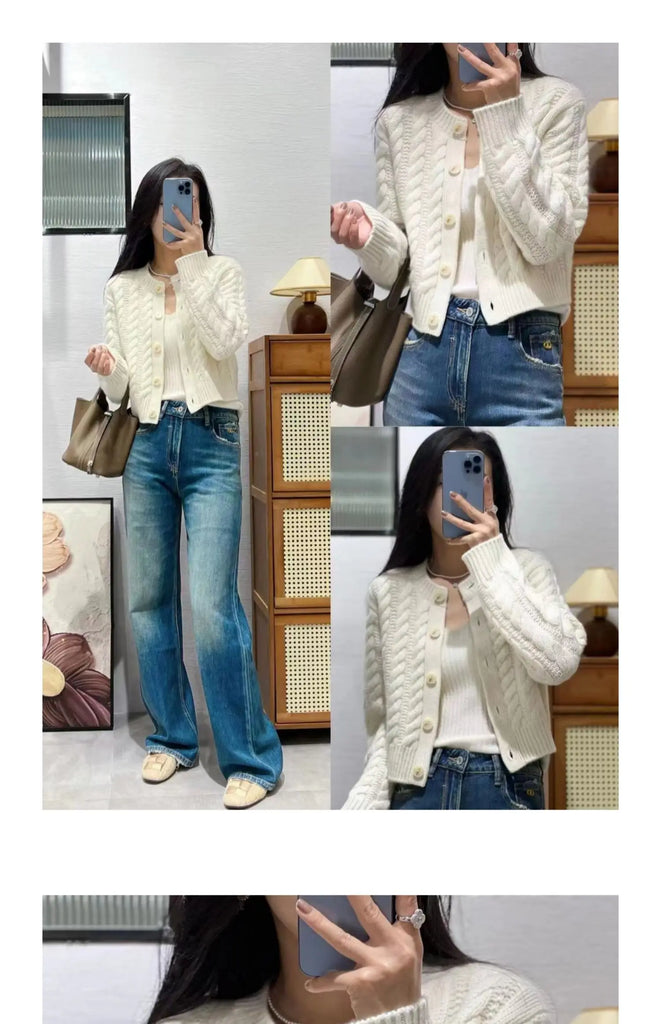 Women's Pure Cashmere Wool Sweater Round Neck Twists Short Cardigan Autumn Winter Casual Knit Top Female Thickened Warm Jacket