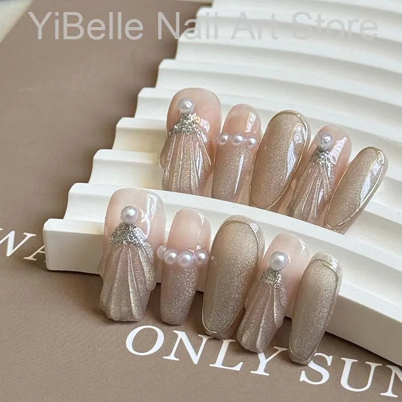 Sea Shells Handmade Press on Nails Ballerina Professional Wearable Reusable False Nail Tip Nail Art With Shiny Pearl