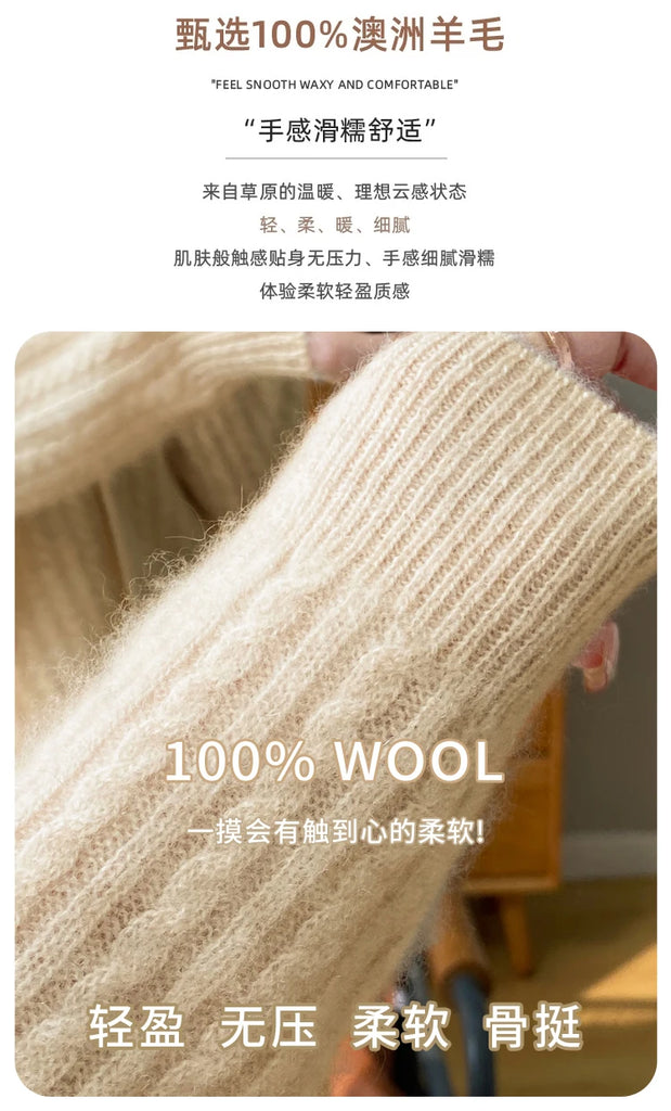 Women's V-Neck 100% Wool Cashmere Cardigan Women's Knit Sweater Spring and Autumn Super Soft Loose Large Size Long Sleeve Shirt