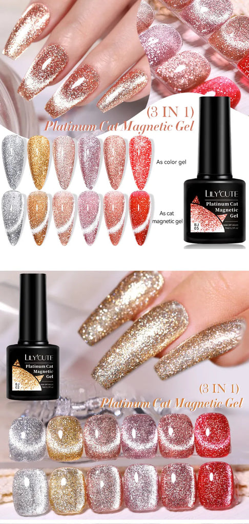 LILYCUTE 7ML Rose Gold Foils Effect Platinum Cat Magnetic Gel Nail Polish Silver Moonlight for Fall Winter Manicure Nail Art Gel