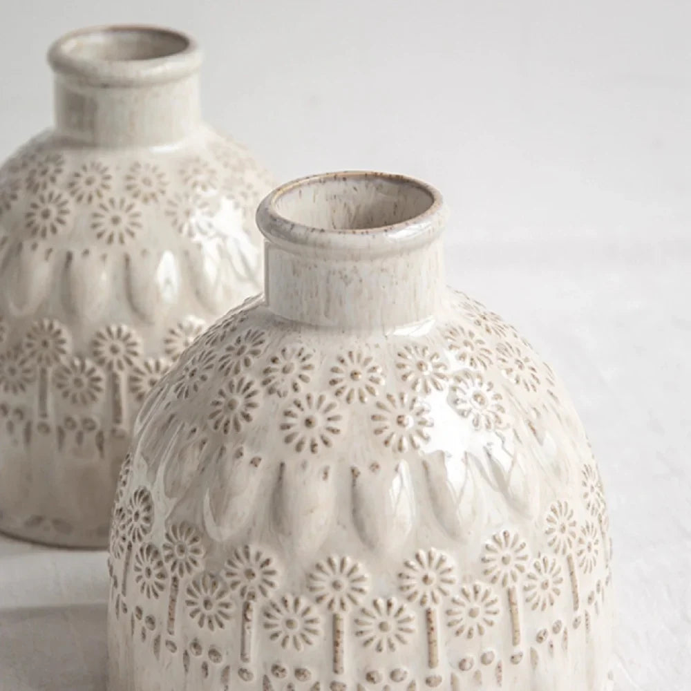 European Vintage Small Ceramic Vase, White Desk Decorative Flower Vase, Creative Flower Print Space Artwork, Home Decoration