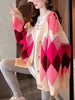 Argyle Cardigan Women Knitted Sweater Loose Single Breasted Students V-neck Lovely Knitwear Korean Oversize Cardigan Winter Tops