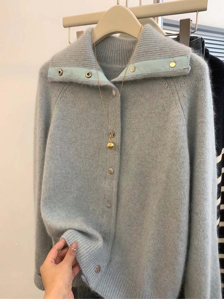 Korean Knitted Cardigan Loose Lapel Lazy Style Thick Sweater Solid Color Single Breasted Female Coat 2024 Autumn New