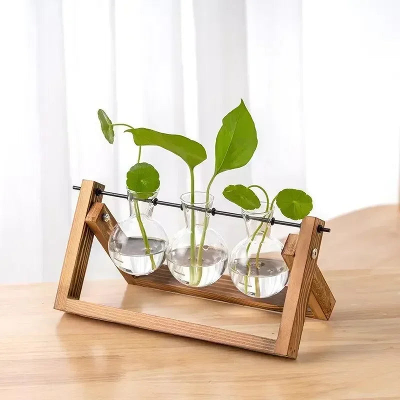 3 Bottles Wooden Stand Flower Vase Planter Ins Style Garden Office Hydroponic Decor Retro Plants Pot With Wooden Support 2024