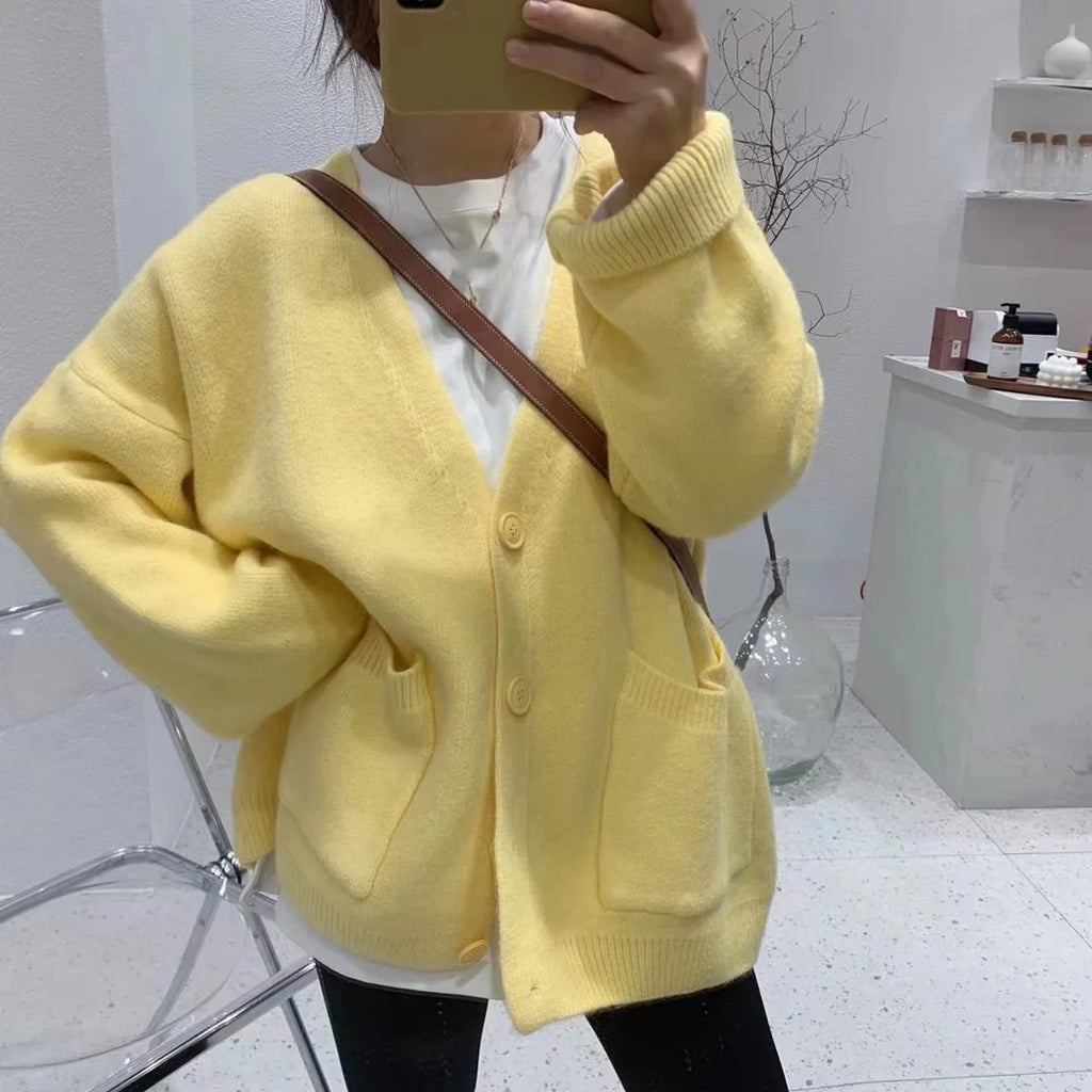 OHRYIYIE 2023 Autumn Winter New Knit Female Oversize Cardigan Women Loose Casual V Neck Knitted Sweater Coat Lady Solid Cardigan