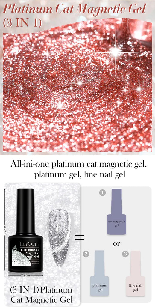 LILYCUTE 7ML Rose Gold Foils Effect Platinum Cat Magnetic Gel Nail Polish Silver Moonlight for Fall Winter Manicure Nail Art Gel