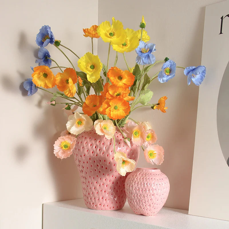 Modern Ceramic Strawberry Shape Vase Creative Ins Style Flower Insertion Device Desktop Decoration Crafts Room Home Decor