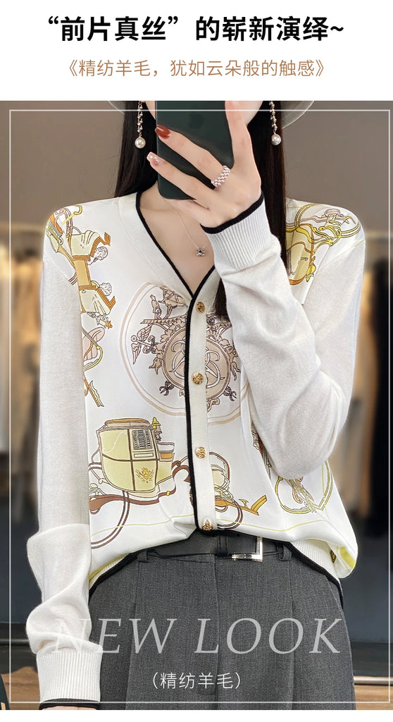 Spring And Autumn New Wool Coat Jacket Women's Long Sleeve Wide V-Neck Printed Stitching Sweater Thin Cardigan