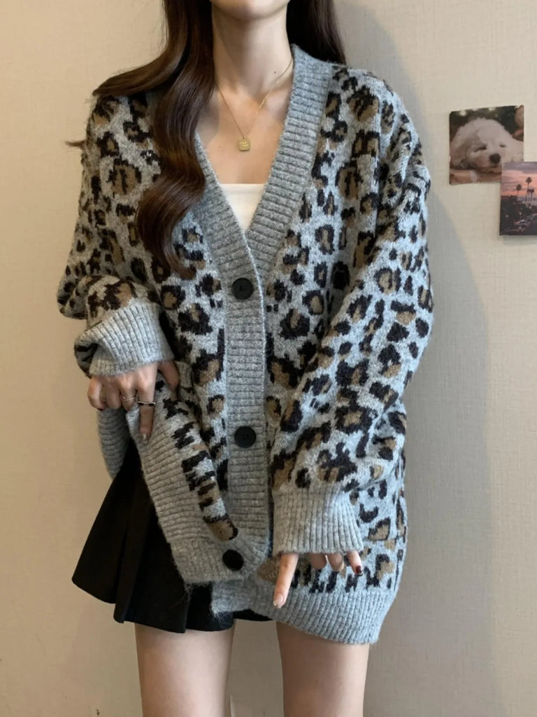 Neploe Loose Korea Leopard Commuter Lazy Jumper Single Breasted V Neck Knit Simple Cardigan Mid-length Harajuku Vintage Mujer