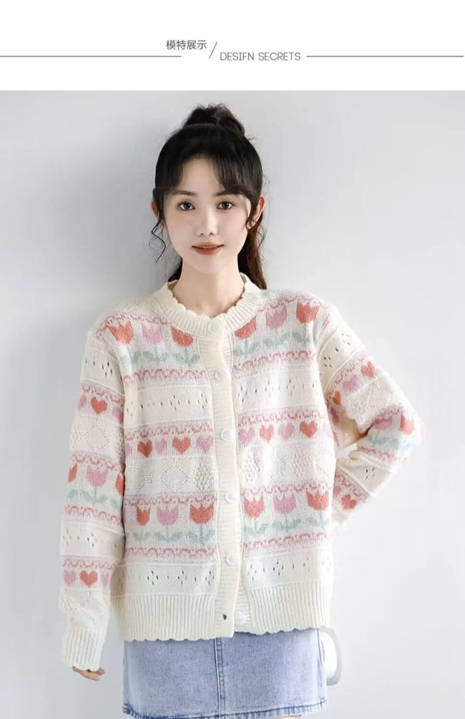 Women Autumn Sweet Kawaii Loose Hollow Out O-neck Long Sleeve Knitting Cardigan Coat Ladies Preppy Style All-match Knitwear