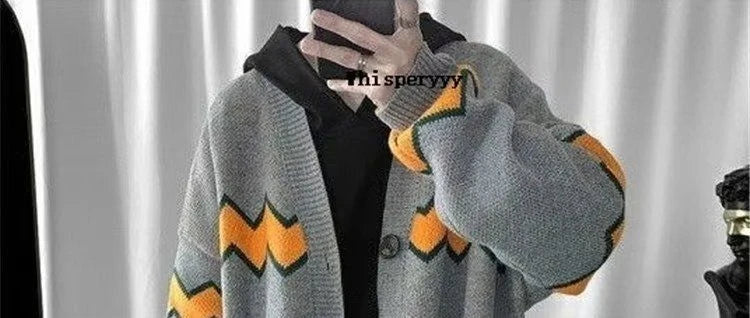 Knit Cardigan Man Black Sweater for Men Contrasting Colors Coats Loose Designer Top Korean Reviews Clothes Open Y2k Fit Casual