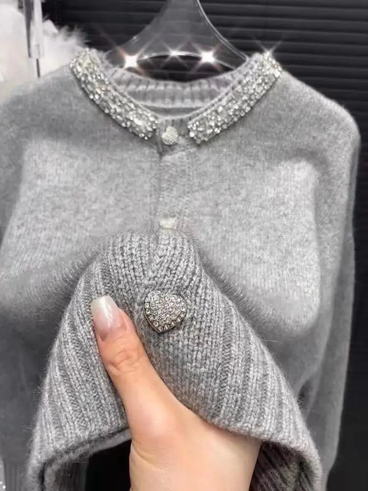 2024 New Year's Robe Fashion Diamond studded Round Neck Knitted Cardigan Sweater Women's French Gentle Design Knitted Sweater