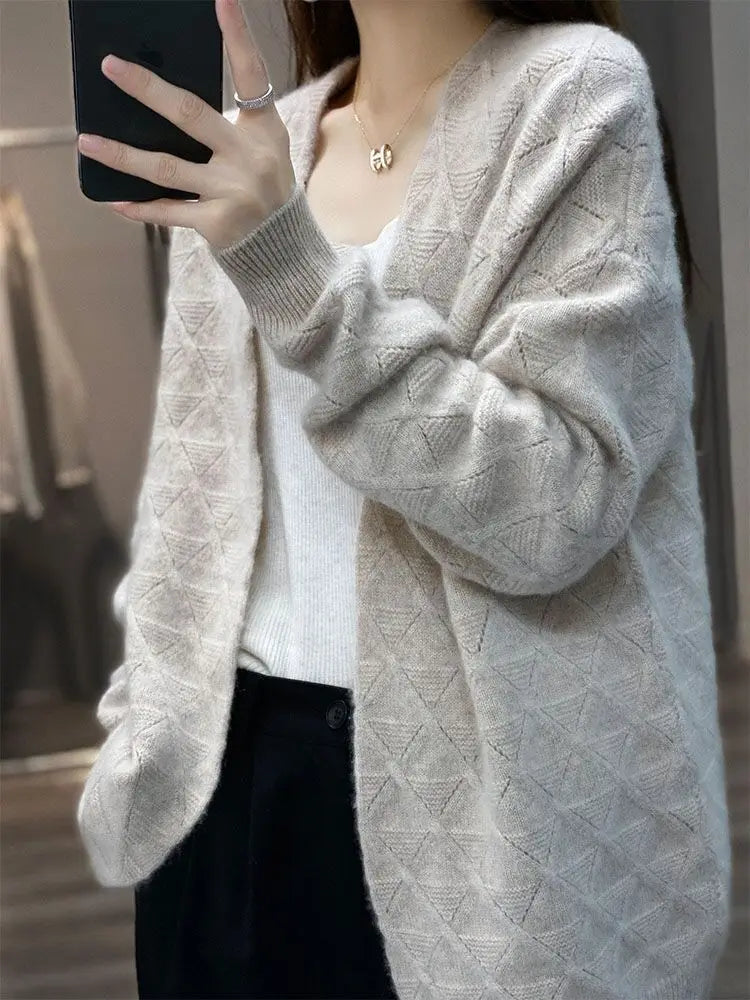 Spring Autumn Women 100% Wool Silk Stitching Sweater New V-neck  Printing Cardigan Casual Knitted Soft Jacket Slim Warm Tops