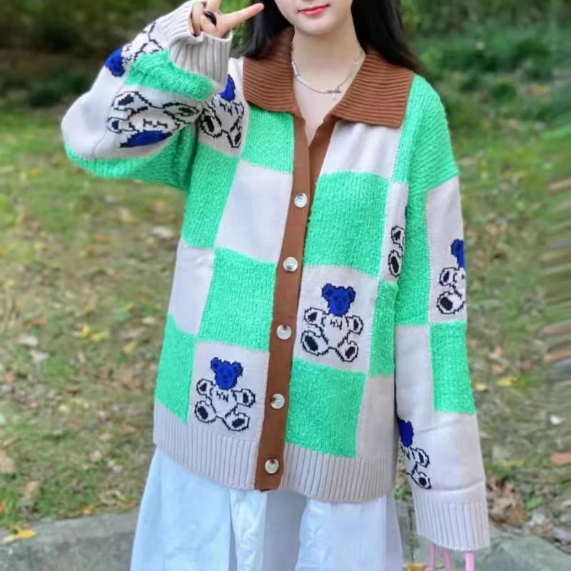 Bear Print Cardigan Women Korean Style Kawaii Plaid Sweater Knitted Jumper Fashion Polo Collar Coat Autumn Spring Female Tops