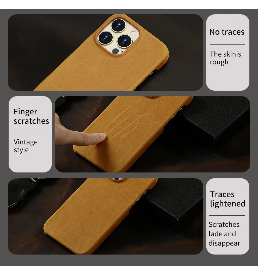 Retro Cowhide Phone Case for iPhone 16 15 13 14 Pro Max 16Pro 14Pro 15Pro Luxury Crazy Horse Genuine PULL-UP Leather Back Cover