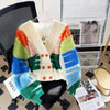 Rainbow Striped Knit Sweater Cardigan Women Double-breasted V-neck Jacket Coat Autumn Winter Long Sleeve Loose Casual Cardigan