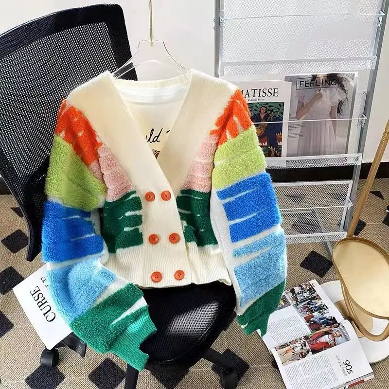 Rainbow Striped Knit Sweater Cardigan Women Double-breasted V-neck Jacket Coat Autumn Winter Long Sleeve Loose Casual Cardigan