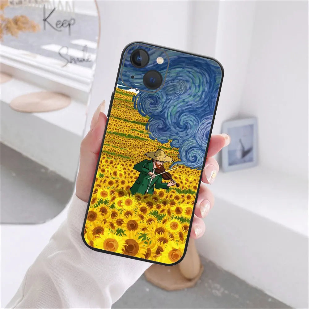 Art Van Gogh Starry Sunflower Phone Cover For iPhone 11 12 13 14 15 16 Pro Max X XR XS Max 15 16 Plus Black Soft Silicone Case