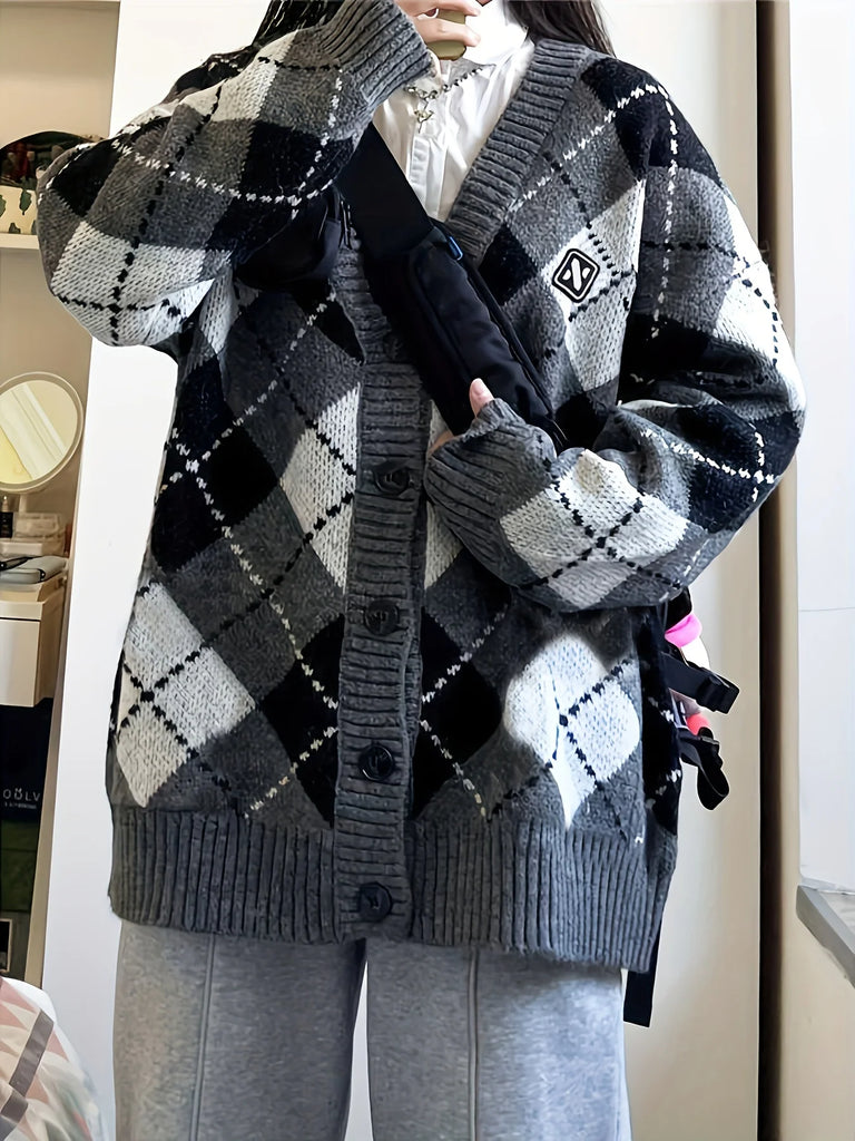 Checkered button knit cardigan, Preppy long sleeved loose sweater with pockets, women's autumn and winter clothing