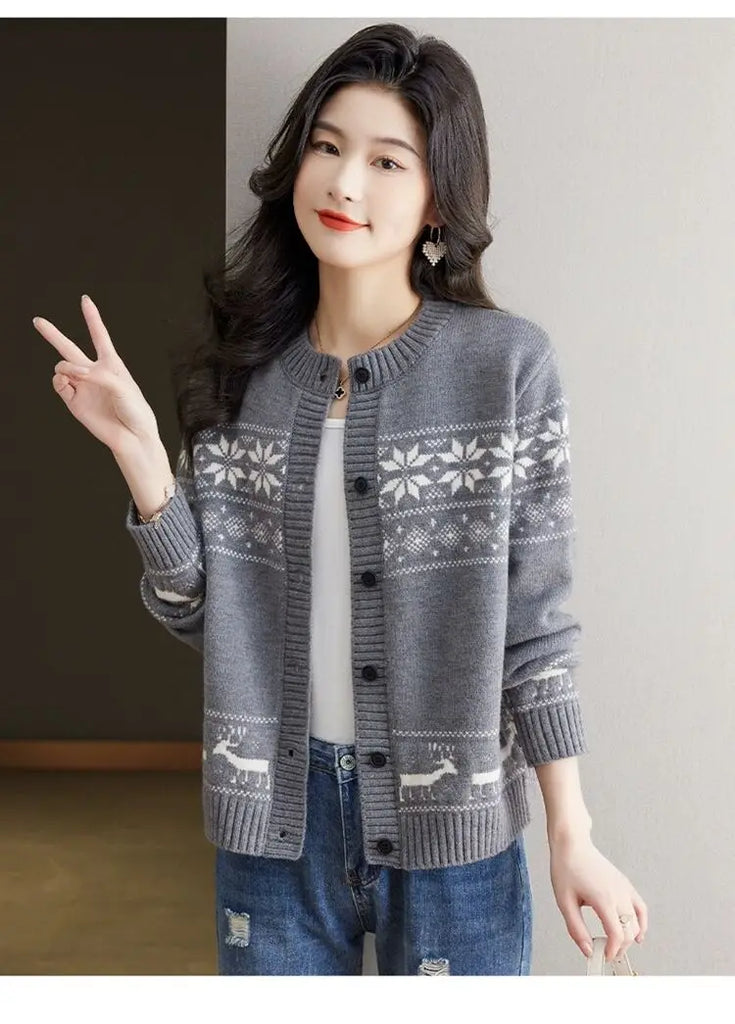 Autumn Winter Vintage Jacquard Loose Knitted Cardigan O-neck Single Breasted Contrast Sweaters Office Lady Fashion Chic Tops