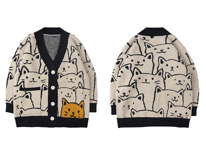 Harajuku Cartoon Cat Cardigan Sweater Men Streetwear Pattern College Knitwear Casual Knitted Japanese Knit Jacket Women Unisex