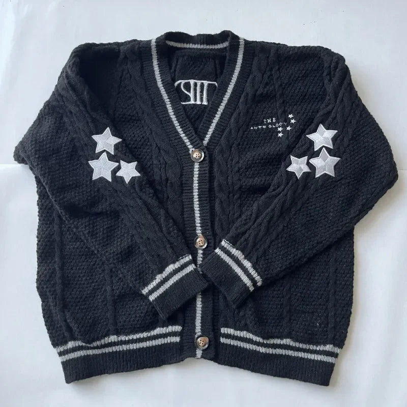 2024 Black Cardigans with Stars Embroidered Female Autumn Winter Knitted Cardigan Women Warm Soft Loose Sweaters Jumpers Tops