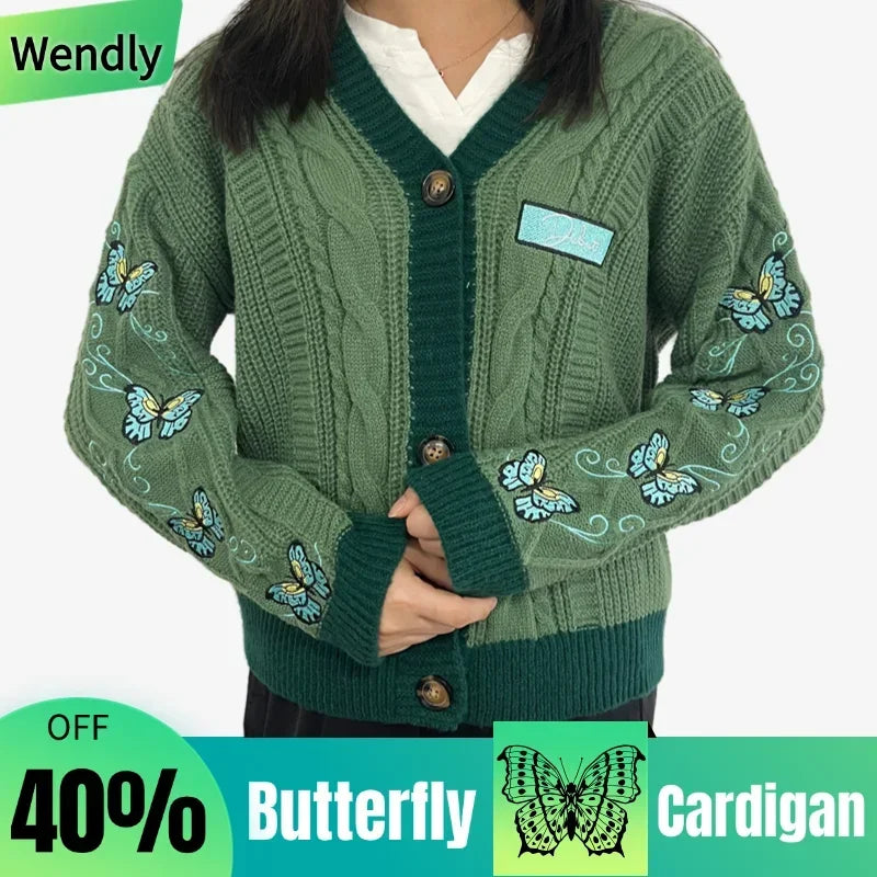 Butterfly Embroidered Cardigan Women Dark Green Letter Patch Knitted Cardigan Tops Female Autumn Winter Fashion Soft Sweaters