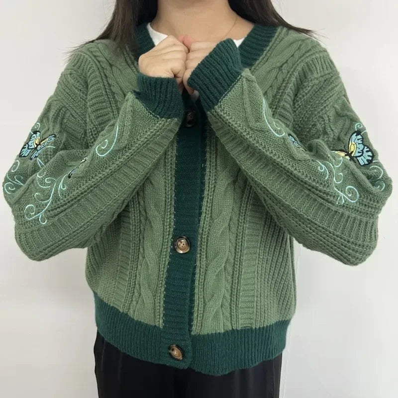 Butterfly Embroidered Cardigan Women Dark Green Letter Patch Knitted Cardigan Tops Female Autumn Winter Fashion Soft Sweaters