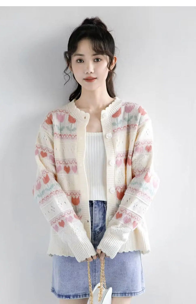 Women Autumn Sweet Kawaii Loose Hollow Out O-neck Long Sleeve Knitting Cardigan Coat Ladies Preppy Style All-match Knitwear