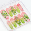 10Pcs Handmade Manicure Long Coffin Fake Nails Unique 3D New Flowers print Press On Nails Design with Adhesive Nail File Set